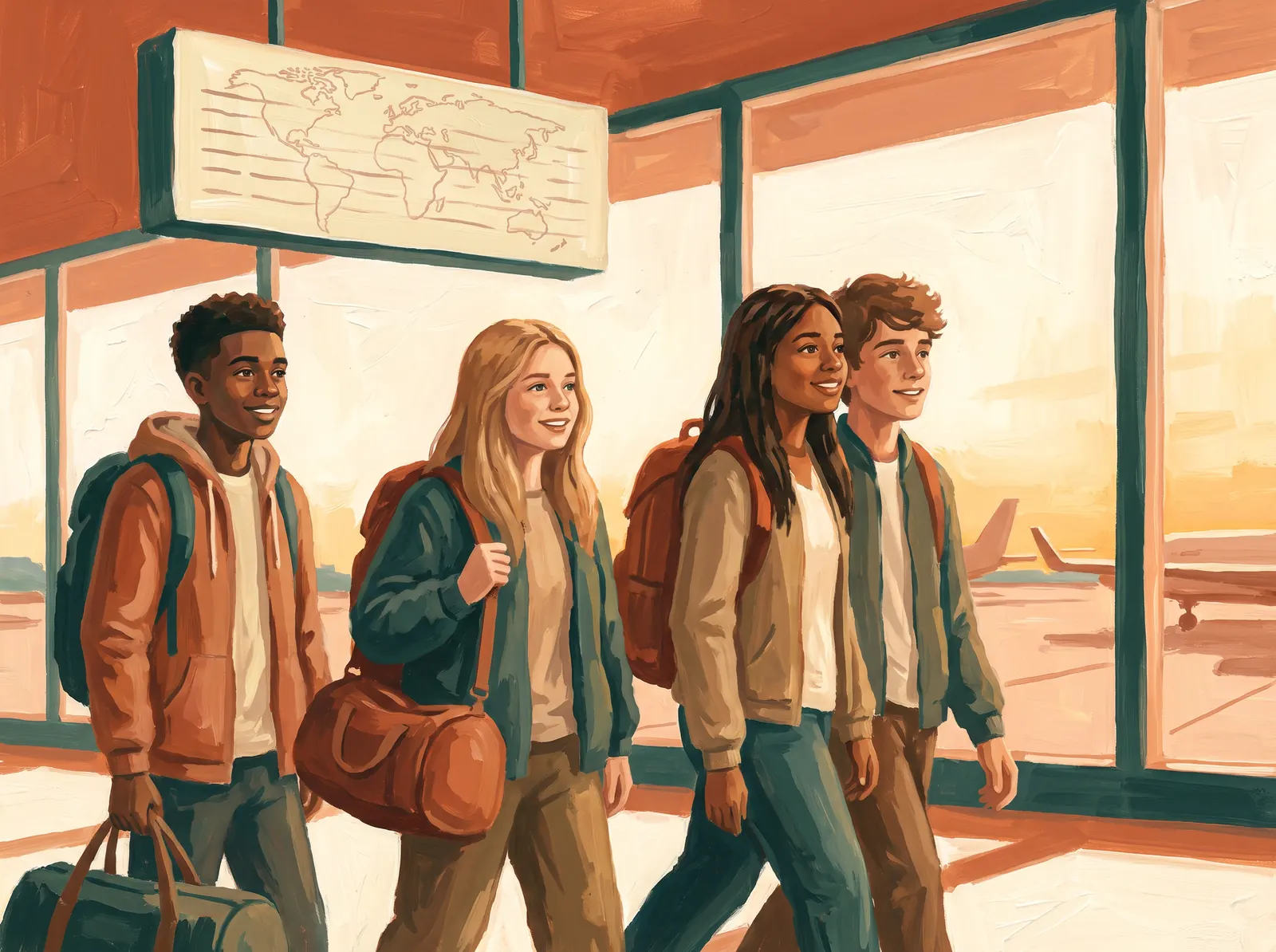 A warm illustrated scene of a family looking at a world map together, planning a journey.
