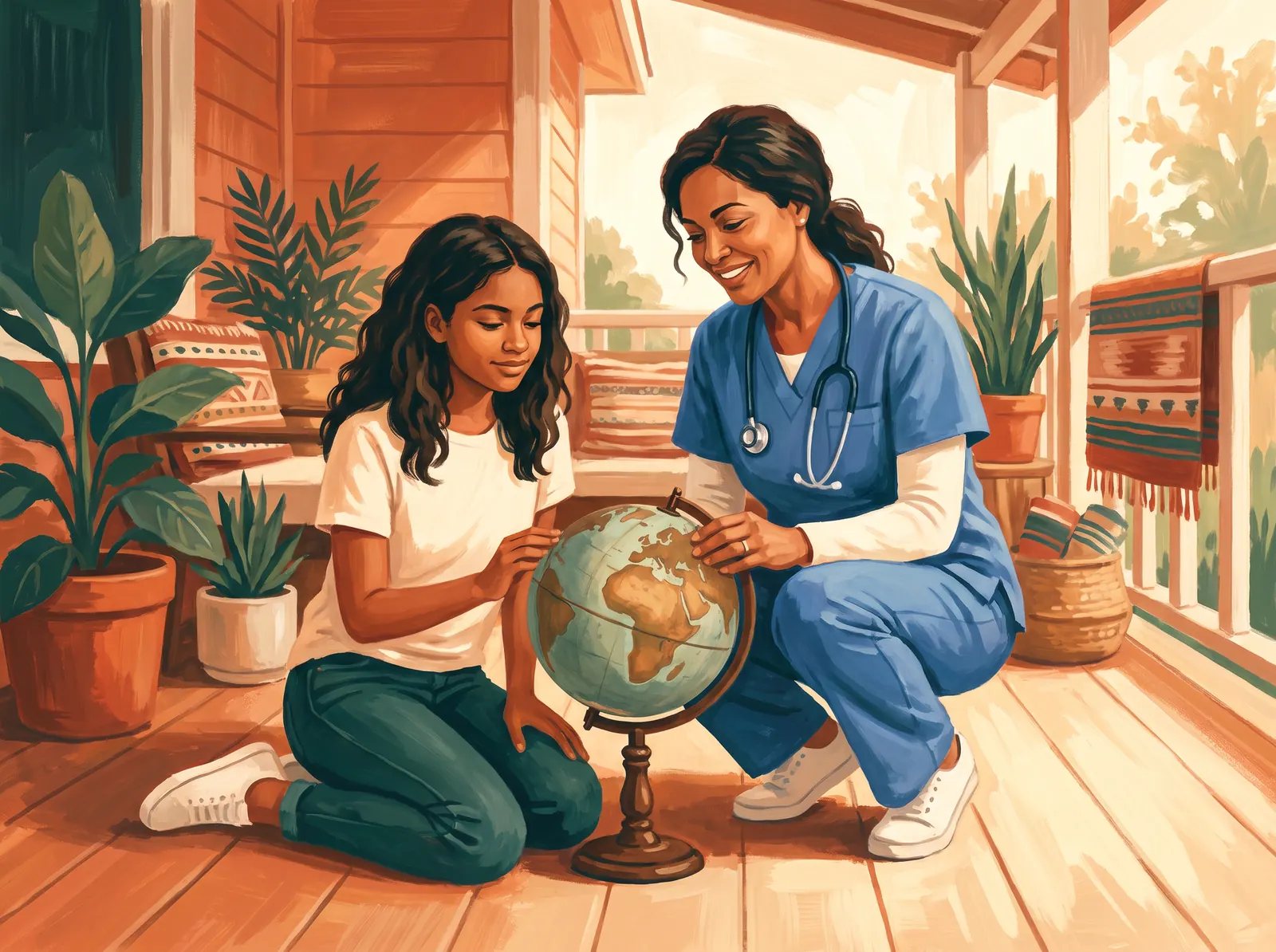 A nurse in scrubs kneels beside her teenage daughter, looking at a small world globe together on a sunlit porch.