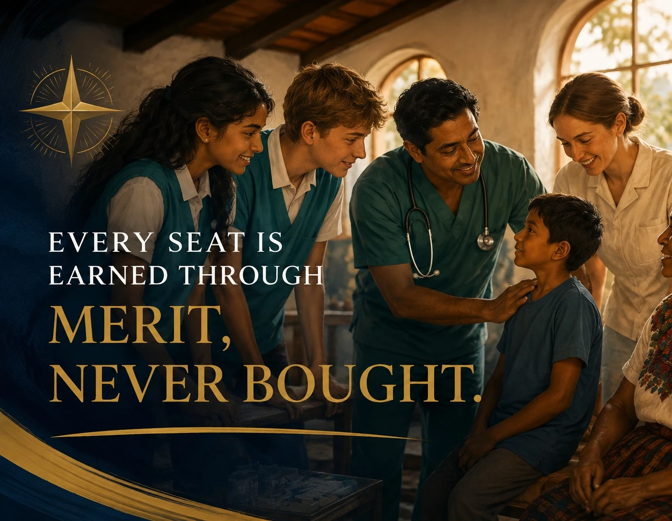 Student and parent volunteers stand with a doctor and nurse around a young patient and his grandmother in a sunlit rural clinic, with the text 'Every seat is earned through merit, never bought.'