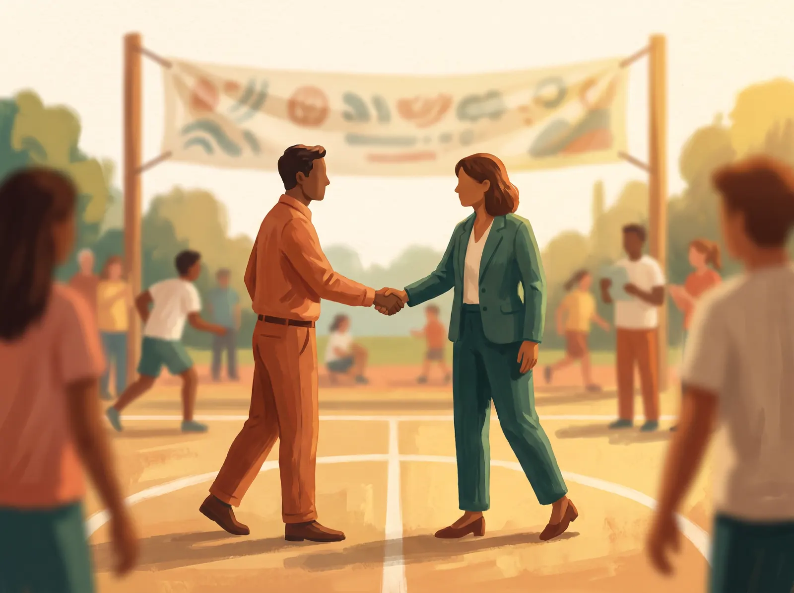 Two professionals shake hands over a table with a small handshake icon and documents, representing a business partnership.