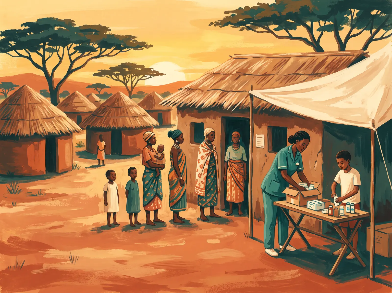 A nurse and teenage volunteer set up a supply table outside a thatched-roof clinic in an East African savanna village at golden hour.