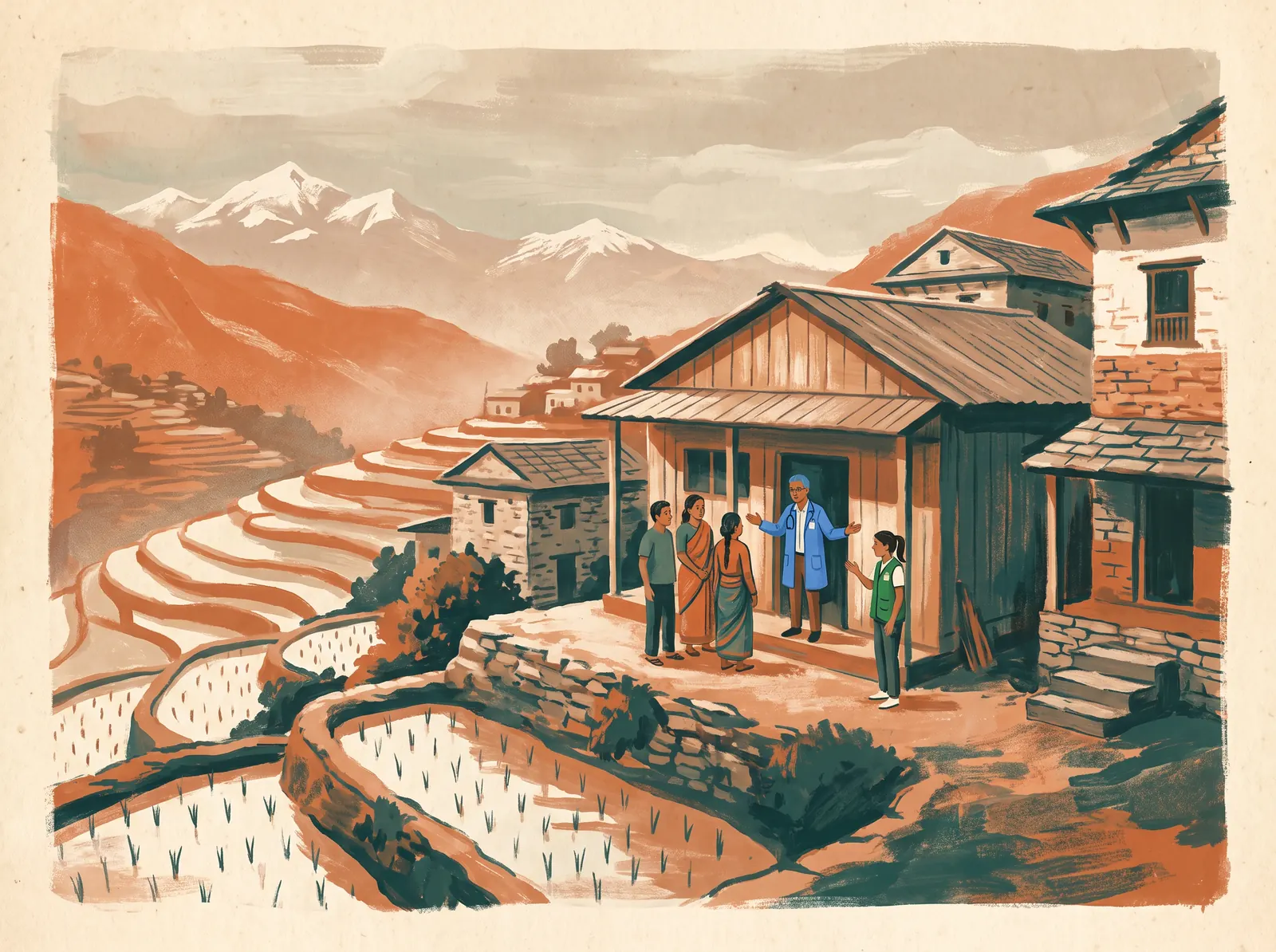 A doctor and teenage volunteer greet a local family at a wooden clinic door in a Himalayan foothill village, terraced rice fields and snow peaks in the distance.