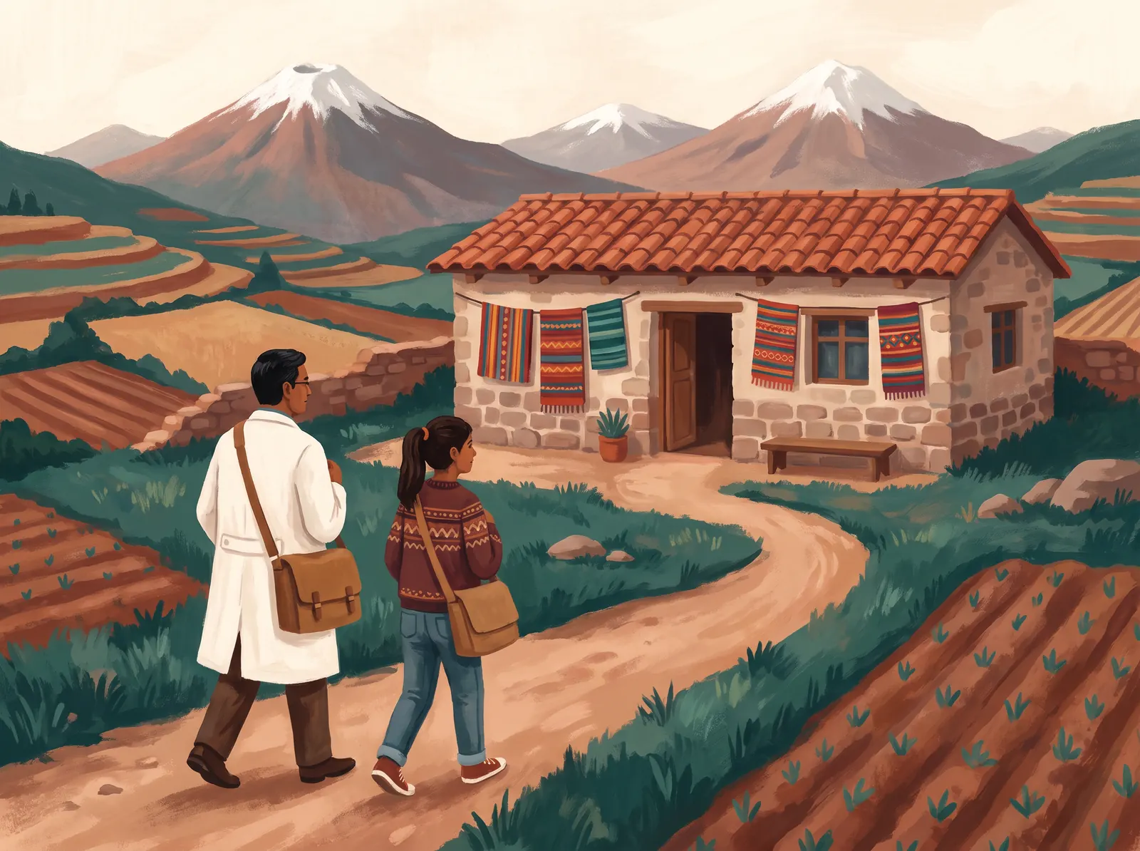 A doctor and teenage volunteer walk a mountain path toward a stone clinic in a highland Andean village, terraced fields and snow-capped volcanoes behind them.
