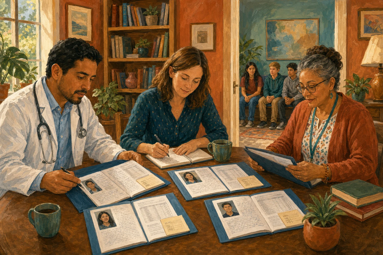 A review committee of a doctor, a staff member, and a program coordinator evaluates several applicants' folders — each with an essay, GPA transcript, and volunteer hours log — while waiting applicants sit together nearby.